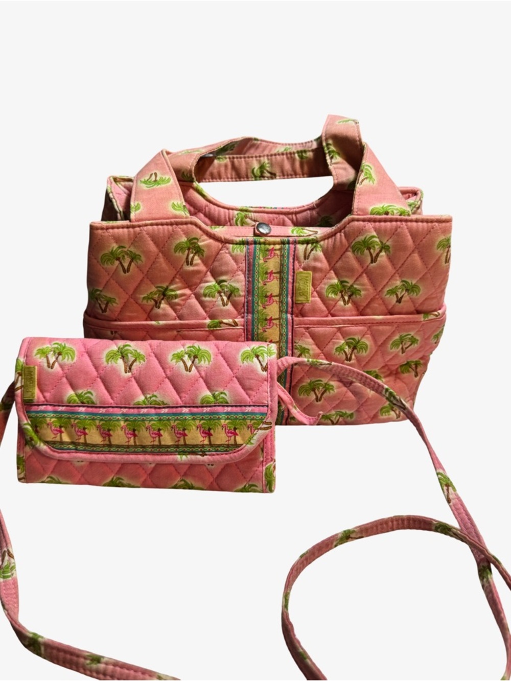 Quilted Pink Tote with Palm Print and Matching Wallet